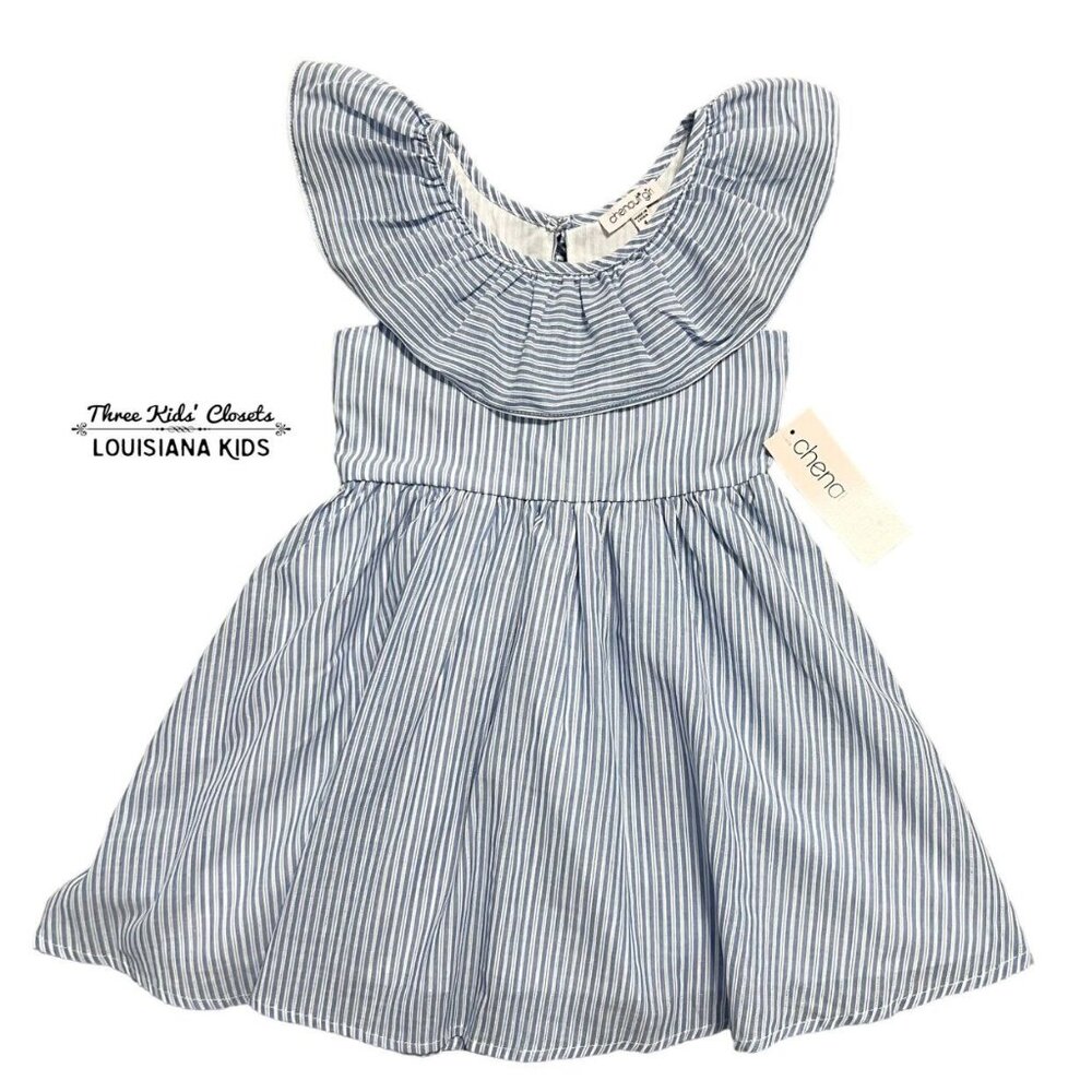 NEW Chenault Girl Sz 4 Blue Striped Ruffle Dress